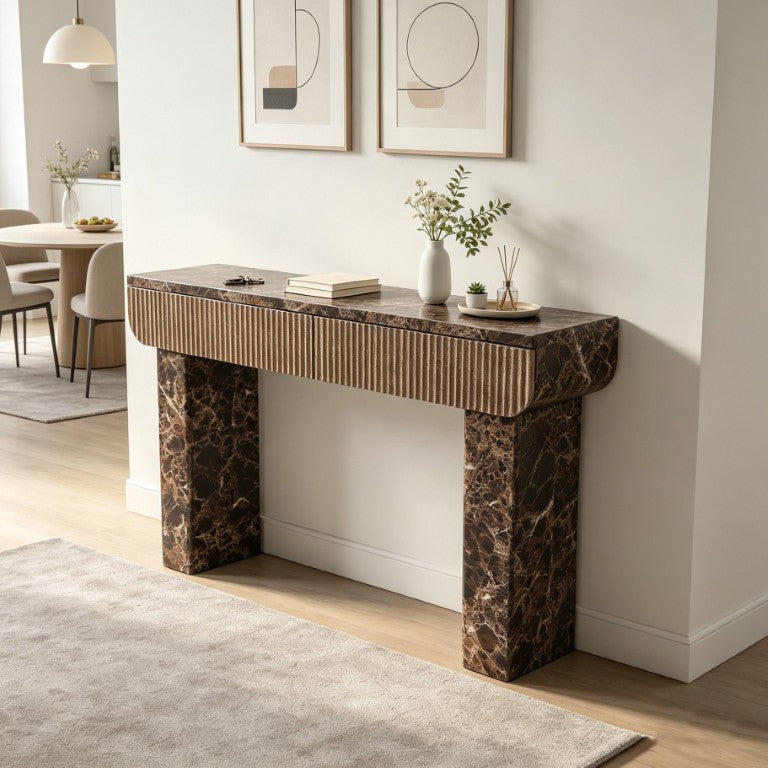 English Elm Entryway Console Table Faux Travertine Top Fluted Drawers Slim Walnut Base Hallway W3040P566648
