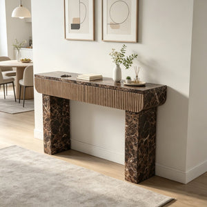 English Elm Entryway Console Table Faux Travertine Top Fluted Drawers Slim Walnut Base Hallway W3040P566648