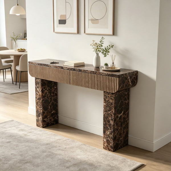 English Elm Entryway Console Table Faux Travertine Top Fluted Drawers Slim Walnut Base Hallway W3040P566648