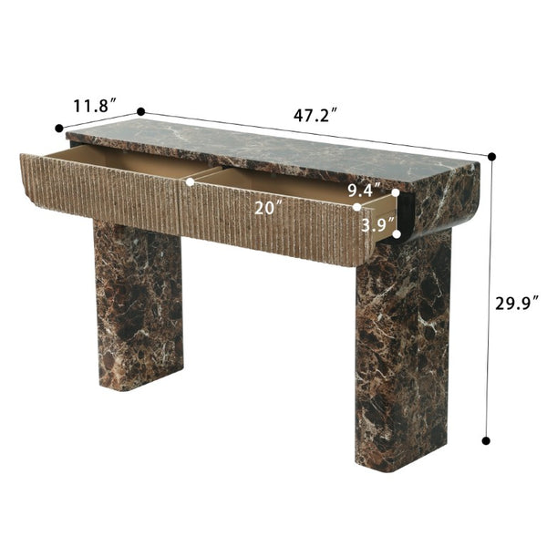 English Elm Entryway Console Table Faux Travertine Top Fluted Drawers Slim Walnut Base Hallway W3040P566648