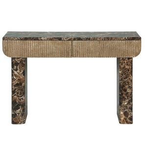 English Elm Entryway Console Table Faux Travertine Top Fluted Drawers Slim Walnut Base Hallway W3040P566648