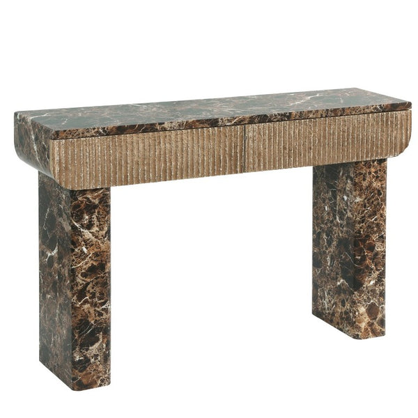 English Elm Entryway Console Table Faux Travertine Top Fluted Drawers Slim Walnut Base Hallway W3040P566648