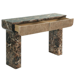 English Elm Entryway Console Table Faux Travertine Top Fluted Drawers Slim Walnut Base Hallway W3040P566648
