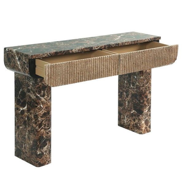 English Elm Entryway Console Table Faux Travertine Top Fluted Drawers Slim Walnut Base Hallway W3040P566648