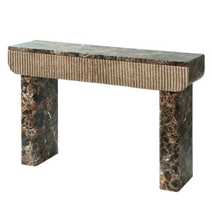 English Elm Entryway Console Table Faux Travertine Top Fluted Drawers Slim Walnut Base Hallway W3040P566648