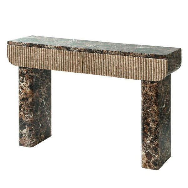 English Elm Entryway Console Table Faux Travertine Top Fluted Drawers Slim Walnut Base Hallway W3040P566648