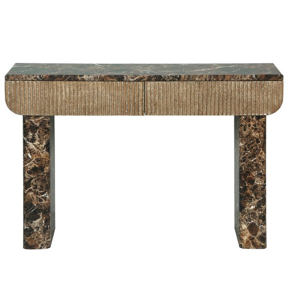 English Elm Entryway Console Table Faux Travertine Top Fluted Drawers Slim Walnut Base Hallway W3040P566648