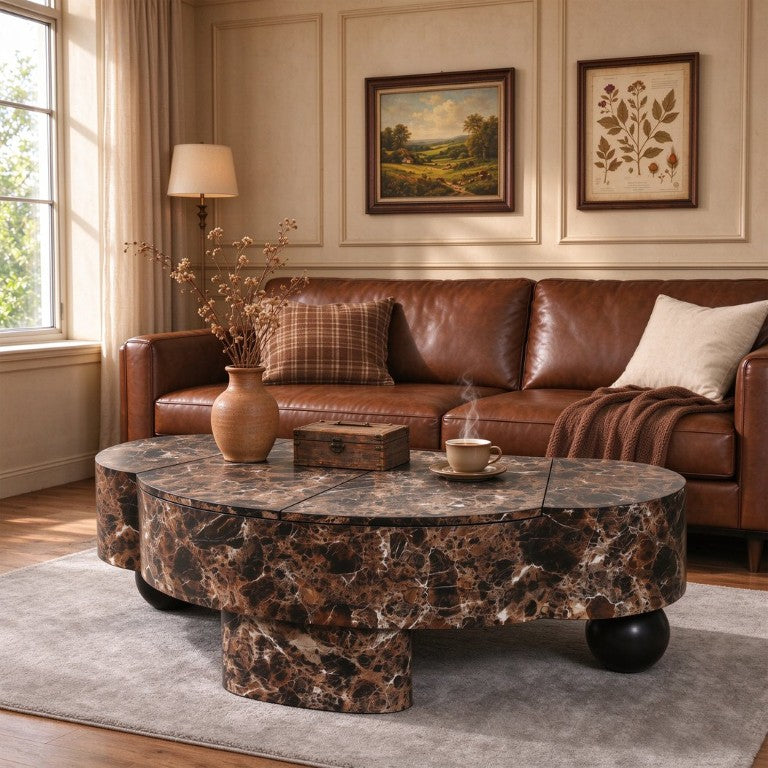 English Elm Faux Travertine Lift Top Coffee Table with Hidden Storage and Sculptural Legs Dark Walnut W3040P583038