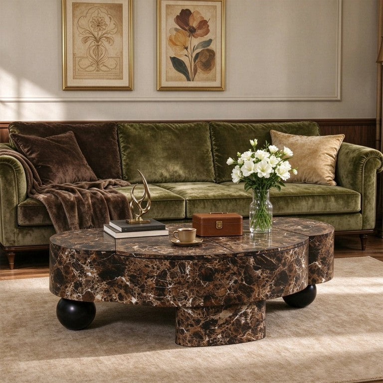 English Elm Faux Travertine Lift Top Coffee Table with Hidden Storage and Sculptural Legs Dark Walnut W3040P583038