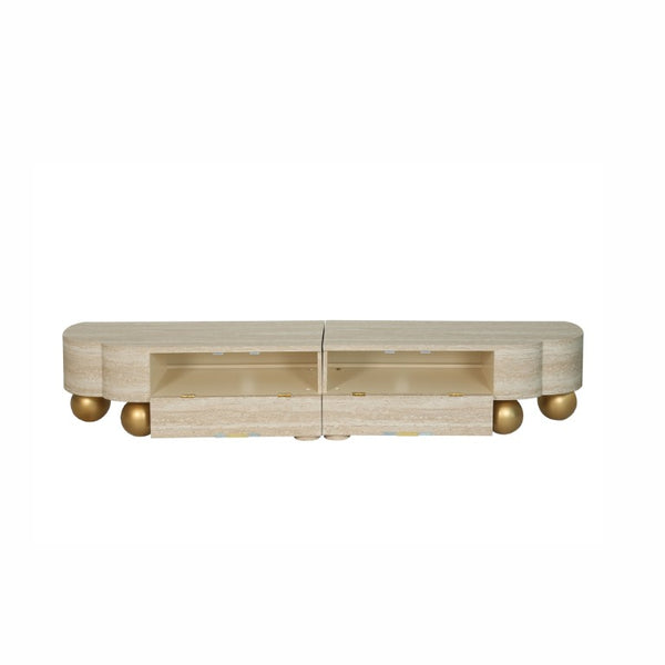 English Elm Faux Travertine Mid Century Living Room Coffee Table and TV Stand Set with Storage Beige Brown W3040P583040