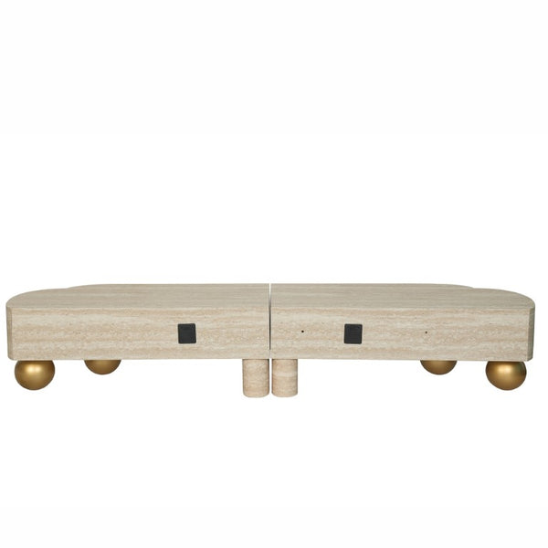 English Elm Faux Travertine Mid Century Living Room Coffee Table and TV Stand Set with Storage Beige Brown W3040P583040