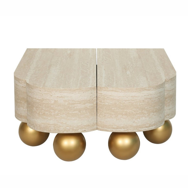 English Elm Faux Travertine Mid Century Living Room Coffee Table and TV Stand Set with Storage Beige Brown W3040P583040