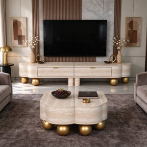 English Elm Faux Travertine Mid Century Living Room Coffee Table and TV Stand Set with Storage Beige Brown W3040P583040