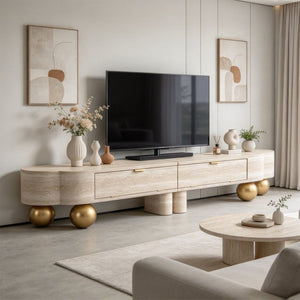 English Elm Faux Travertine Mid Century Living Room Coffee Table and TV Stand Set with Storage Beige Brown W3040P583040