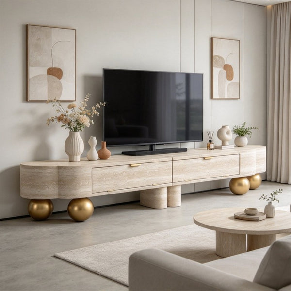 English Elm Faux Travertine Mid Century Living Room Coffee Table and TV Stand Set with Storage Beige Brown W3040P583040