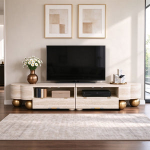 English Elm Faux Travertine Mid Century Living Room Coffee Table and TV Stand Set with Storage Beige Brown W3040P583040