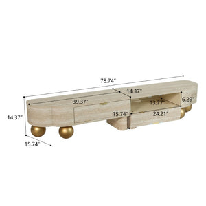 English Elm Faux Travertine Mid Century Living Room Coffee Table and TV Stand Set with Storage Beige Brown W3040P583040