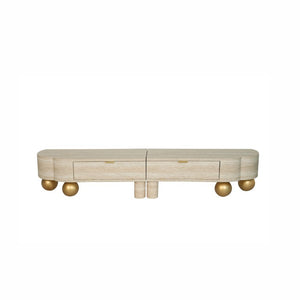 English Elm Faux Travertine Mid Century Living Room Coffee Table and TV Stand Set with Storage Beige Brown W3040P583040