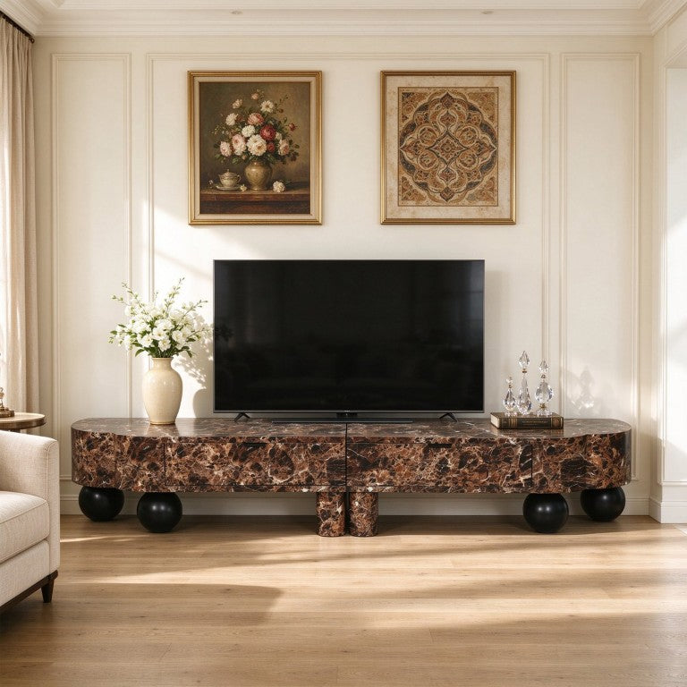 English Elm Faux Travertine Mid Century Living Room Coffee Table and TV Stand Set with Storage Dark Walnut W3040P583049