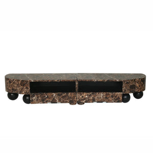 English Elm Faux Travertine Mid Century Living Room Coffee Table and TV Stand Set with Storage Dark Walnut W3040P583049