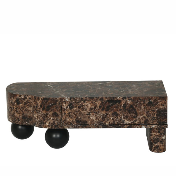 English Elm Faux Travertine Mid Century Living Room Coffee Table and TV Stand Set with Storage Dark Walnut W3040P583049