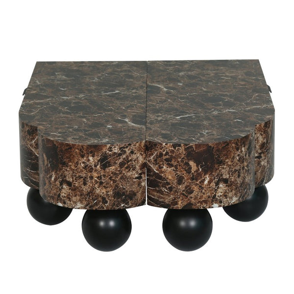English Elm Faux Travertine Mid Century Living Room Coffee Table and TV Stand Set with Storage Dark Walnut W3040P583049