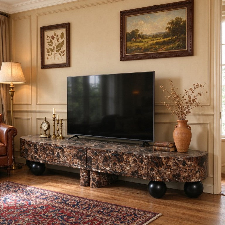 English Elm Faux Travertine Mid Century Living Room Coffee Table and TV Stand Set with Storage Dark Walnut W3040P583049