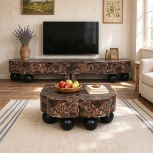 English Elm Faux Travertine Mid Century Living Room Coffee Table and TV Stand Set with Storage Dark Walnut W3040P583049