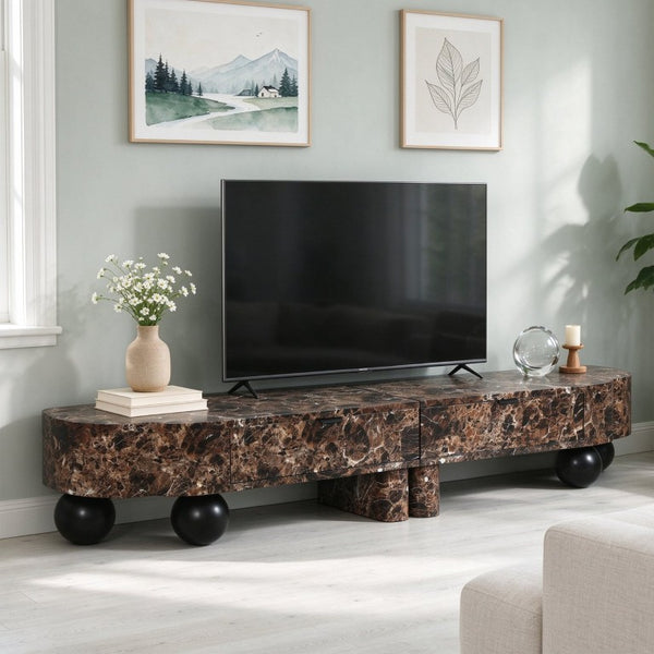 English Elm Faux Travertine Mid Century Living Room Coffee Table and TV Stand Set with Storage Dark Walnut W3040P583049