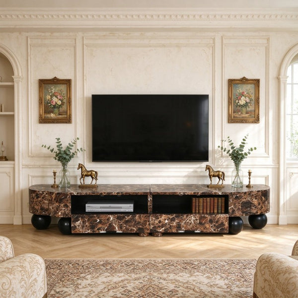 English Elm Faux Travertine Mid Century Living Room Coffee Table and TV Stand Set with Storage Dark Walnut W3040P583049