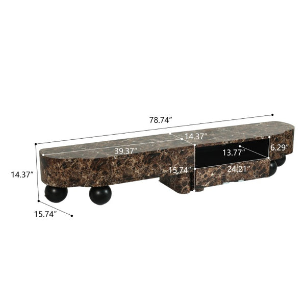 English Elm Faux Travertine Mid Century Living Room Coffee Table and TV Stand Set with Storage Dark Walnut W3040P583049