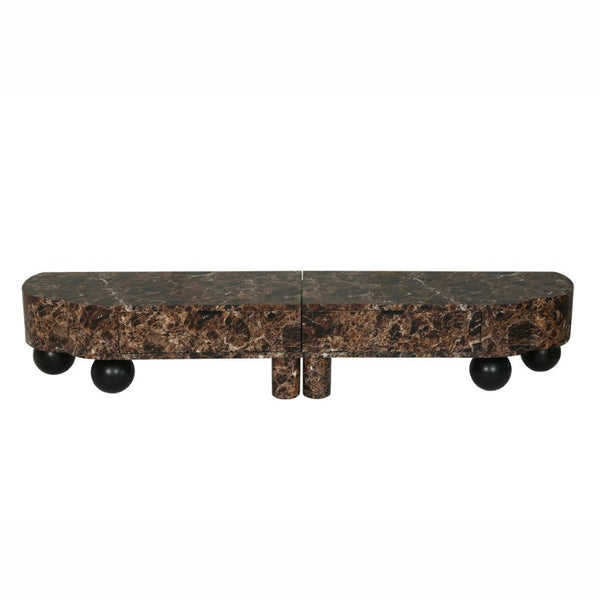 English Elm Faux Travertine Mid Century Living Room Coffee Table and TV Stand Set with Storage Dark Walnut W3040P583049