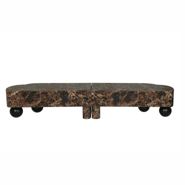 English Elm Faux Travertine Mid Century Living Room Coffee Table and TV Stand Set with Storage Dark Walnut W3040P583049
