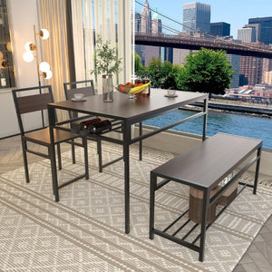 English Elm 5-Piece Industrial Dining Set with Wine Rack Bench Wood Grain Top Seats Four W3064P529674