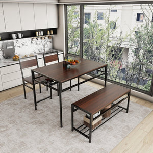 English Elm 5-Piece Industrial Dining Set with Wine Rack Bench Wood Grain Top Seats Four W3064P529674