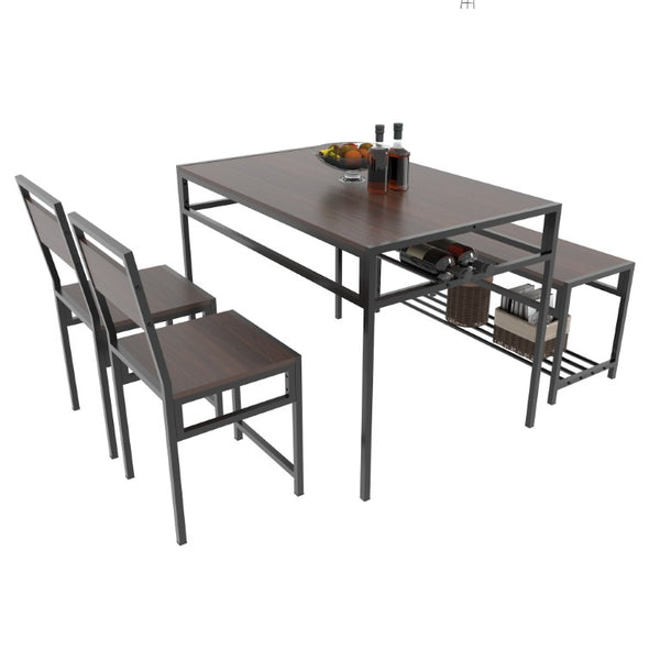 English Elm 5-Piece Industrial Dining Set with Wine Rack Bench Wood Grain Top Seats Four W3064P529674