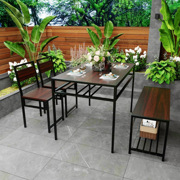 English Elm 5-Piece Industrial Dining Set with Wine Rack Bench Wood Grain Top Seats Four W3064P529674