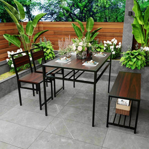 English Elm 5-Piece Industrial Dining Set with Wine Rack Bench Wood Grain Top Seats Four W3064P529674