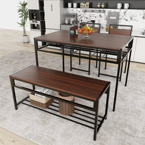 English Elm 5-Piece Industrial Dining Set with Wine Rack Bench Wood Grain Top Seats Four W3064P529674