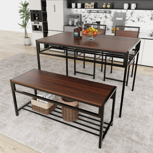 English Elm 5-Piece Industrial Dining Set with Wine Rack Bench Wood Grain Top Seats Four W3064P529674
