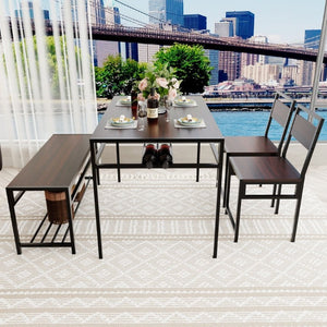 English Elm 5-Piece Industrial Dining Set with Wine Rack Bench Wood Grain Top Seats Four W3064P529674