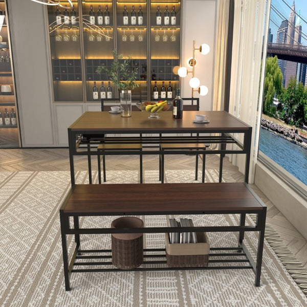 English Elm 5-Piece Industrial Dining Set with Wine Rack Bench Wood Grain Top Seats Four W3064P529674