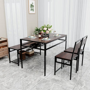 English Elm 5-Piece Industrial Dining Set with Wine Rack Bench Wood Grain Top Seats Four W3064P529674