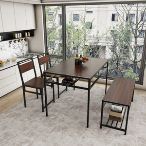 English Elm 5-Piece Industrial Dining Set with Wine Rack Bench Wood Grain Top Seats Four W3064P529674