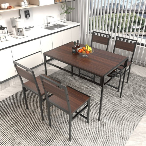 English Elm 4-Piece Industrial Dining Set with Under Table Wine Rack and Matte Black Metal Frame W3064P529675
