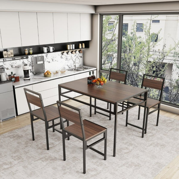 English Elm 4-Piece Industrial Dining Set with Under Table Wine Rack and Matte Black Metal Frame W3064P529675