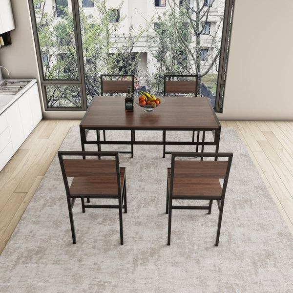 English Elm 4-Piece Industrial Dining Set with Under Table Wine Rack and Matte Black Metal Frame W3064P529675