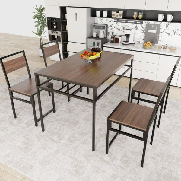 English Elm 4-Piece Industrial Dining Set with Under Table Wine Rack and Matte Black Metal Frame W3064P529675
