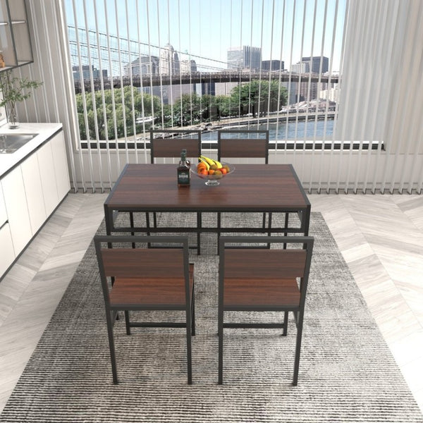 English Elm 4-Piece Industrial Dining Set with Under Table Wine Rack and Matte Black Metal Frame W3064P529675