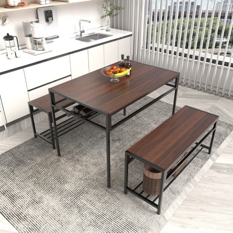 English Elm Industrial 3 Piece Dining Set with Built in Wine Rack and Bench Seating for Four W3064P529676